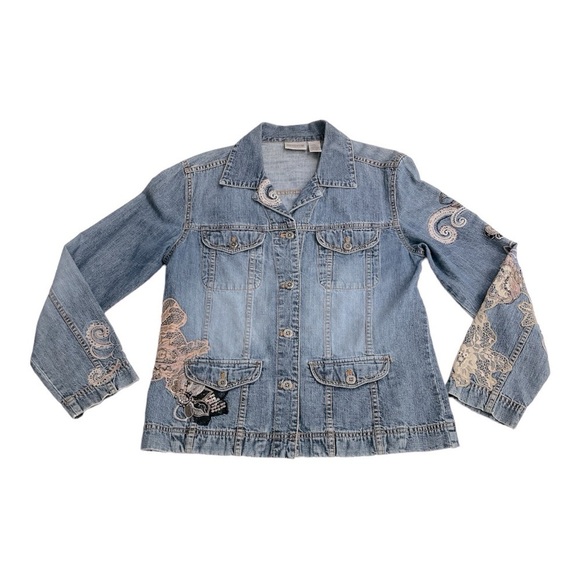VTG Chico Designer Embroidered Lace Denim Statement Jean Jacket size 0 - Picture 8 of 12